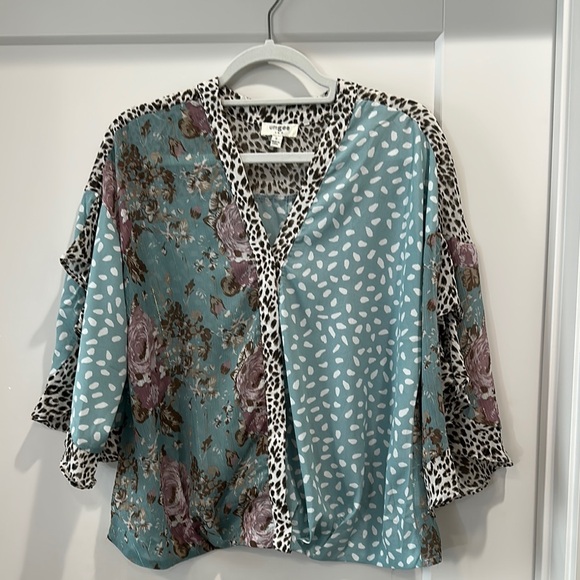 Umgee Teal and Leopard Print Blouse - Picture 1 of 5